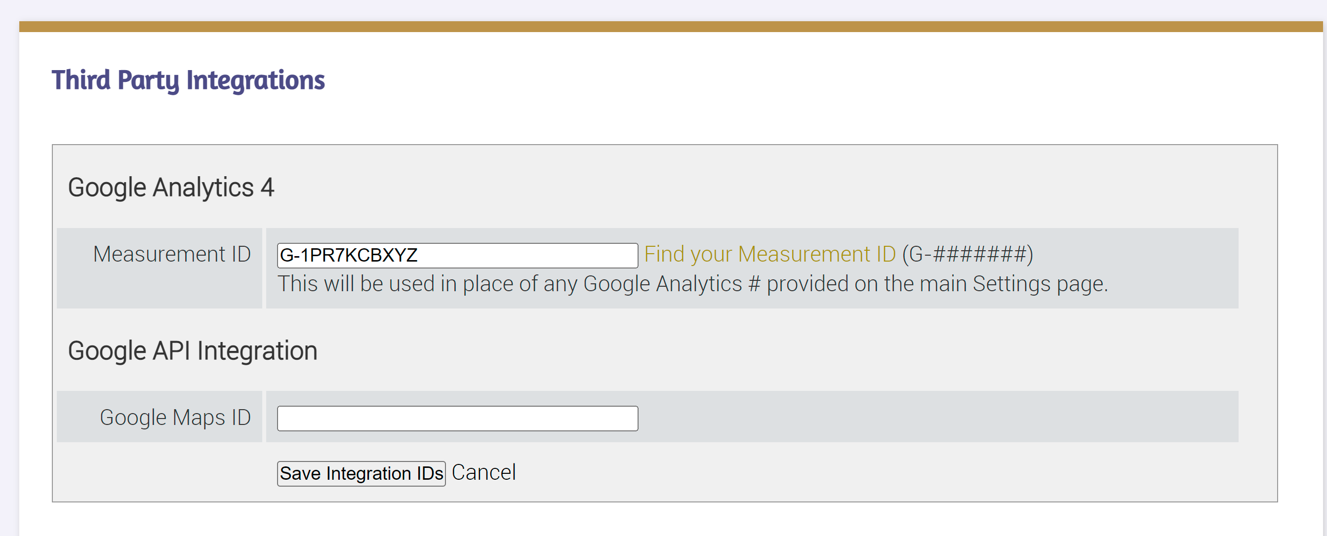 Google Analytics and API integration settings