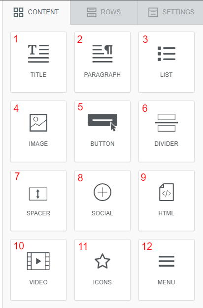 Email editor content options grid
