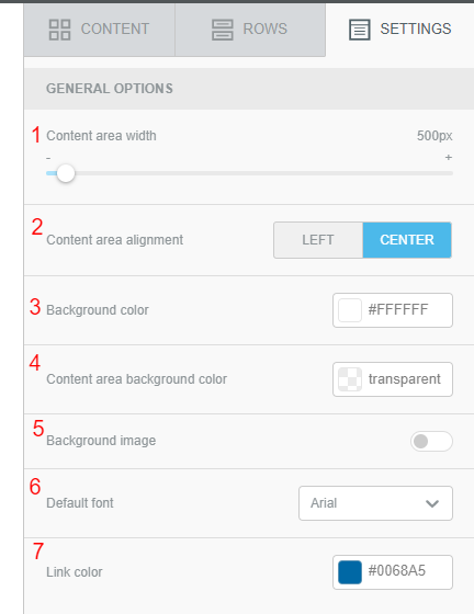 Email design settings panel.