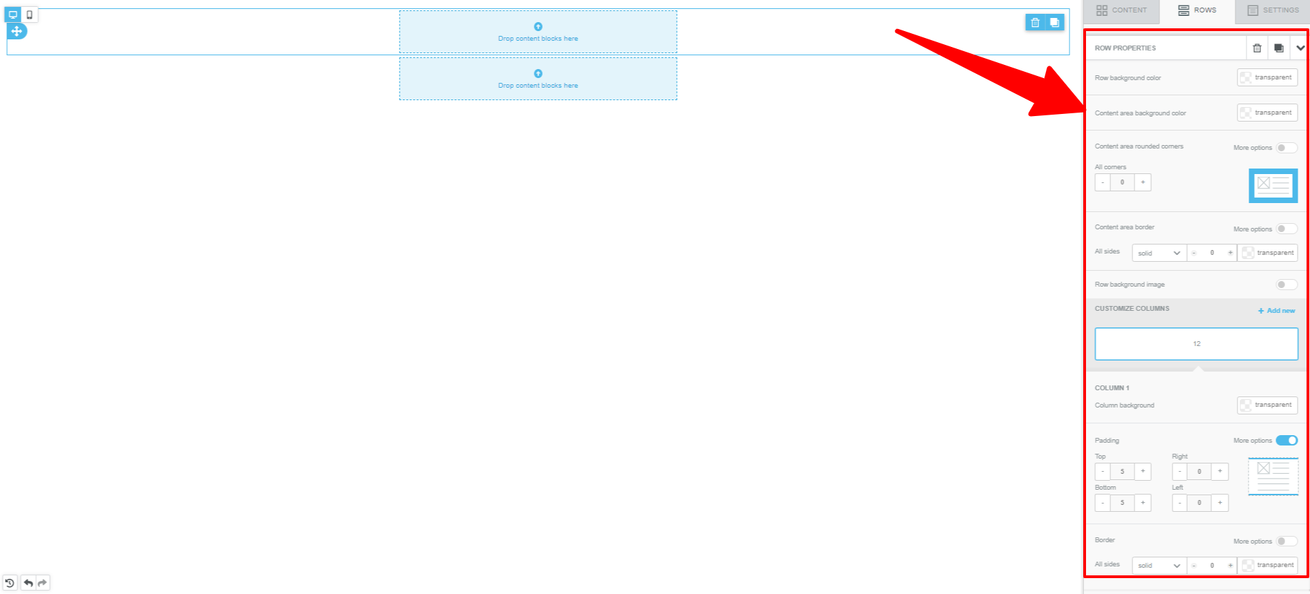 Email editor interface with row properties.