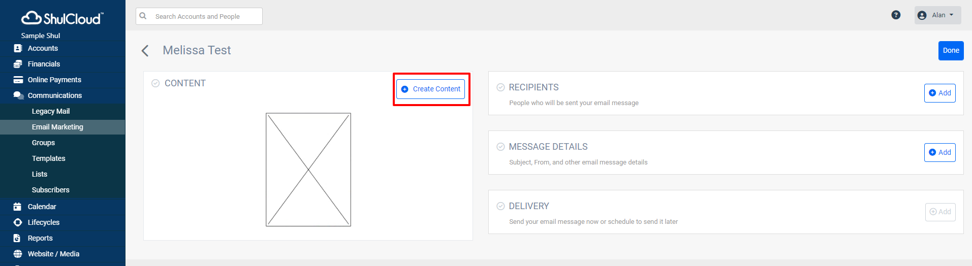 Email marketing content creation page