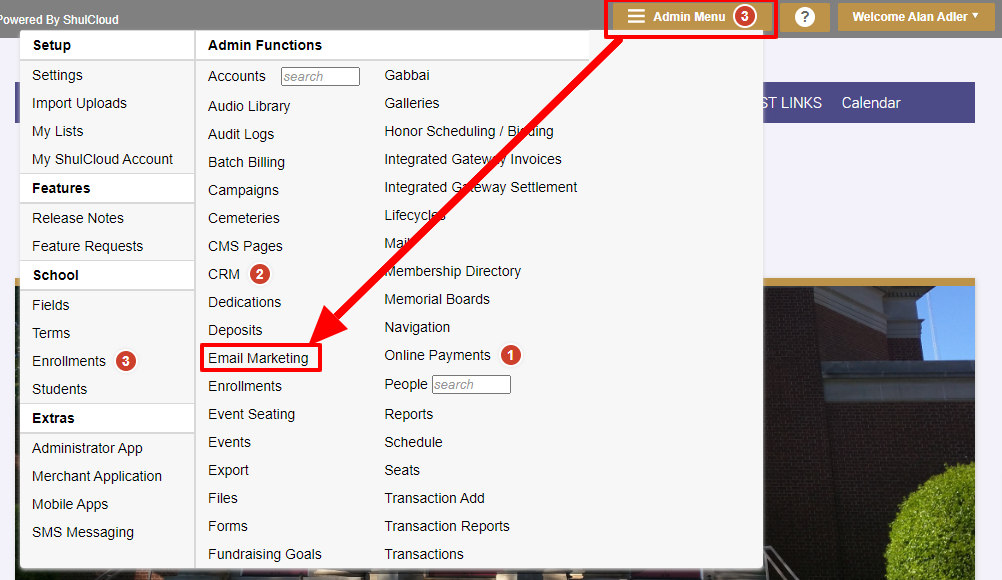 Admin menu with email marketing highlighted.