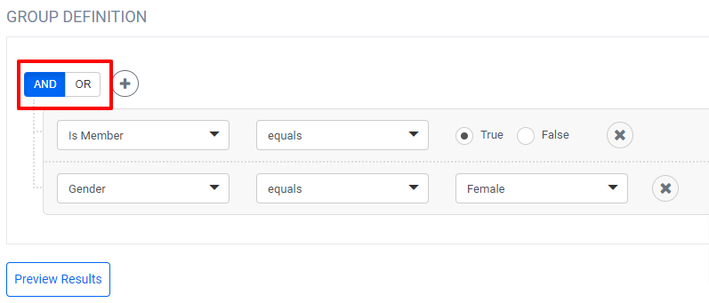 Group definition filter settings