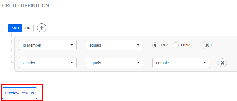 Group definition filter settings interface.