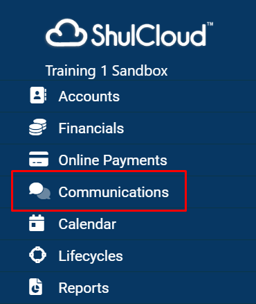 ShulCloud menu with Communications highlighted