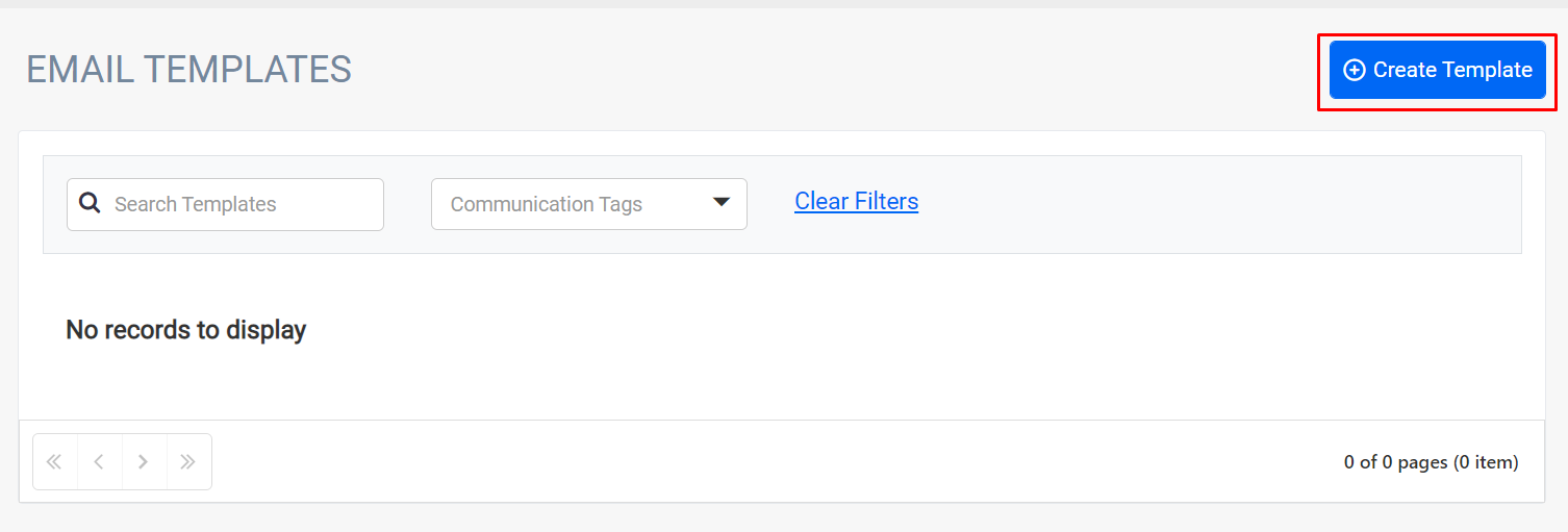 Email templates page with 'Create Template' button.
