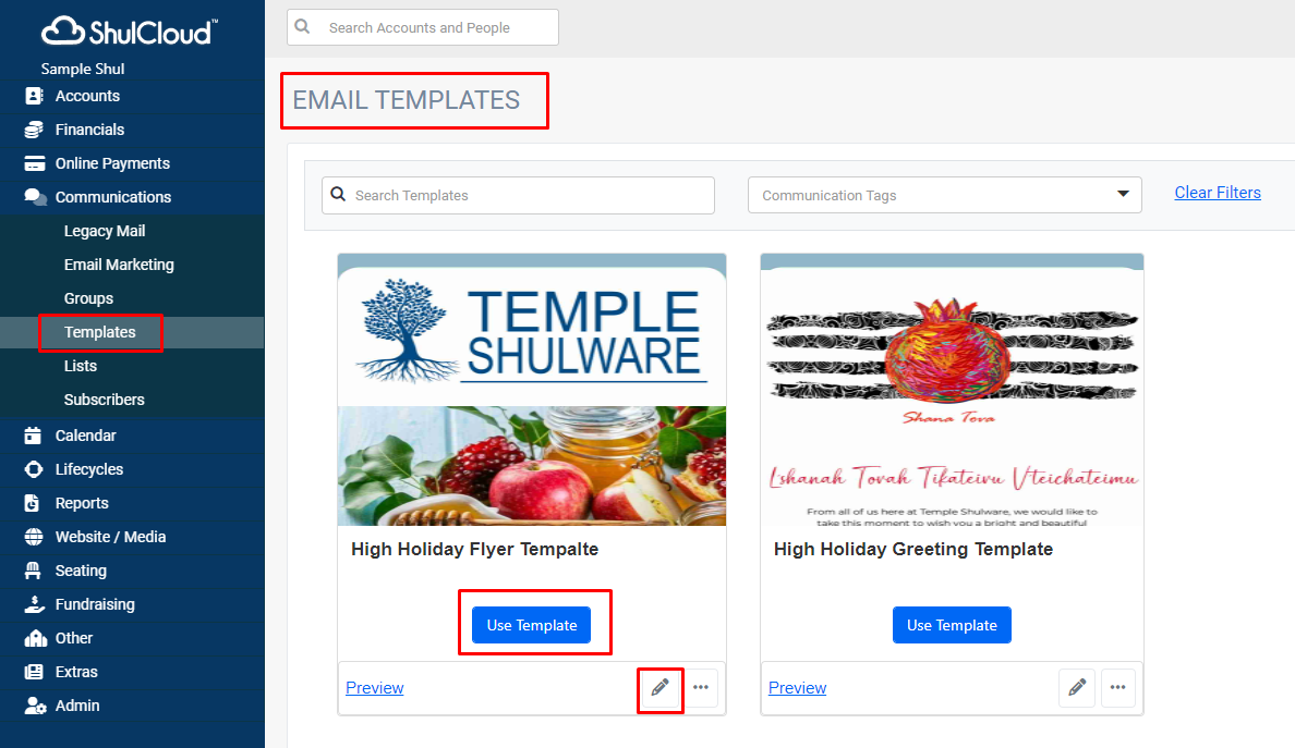 Email templates selection screen