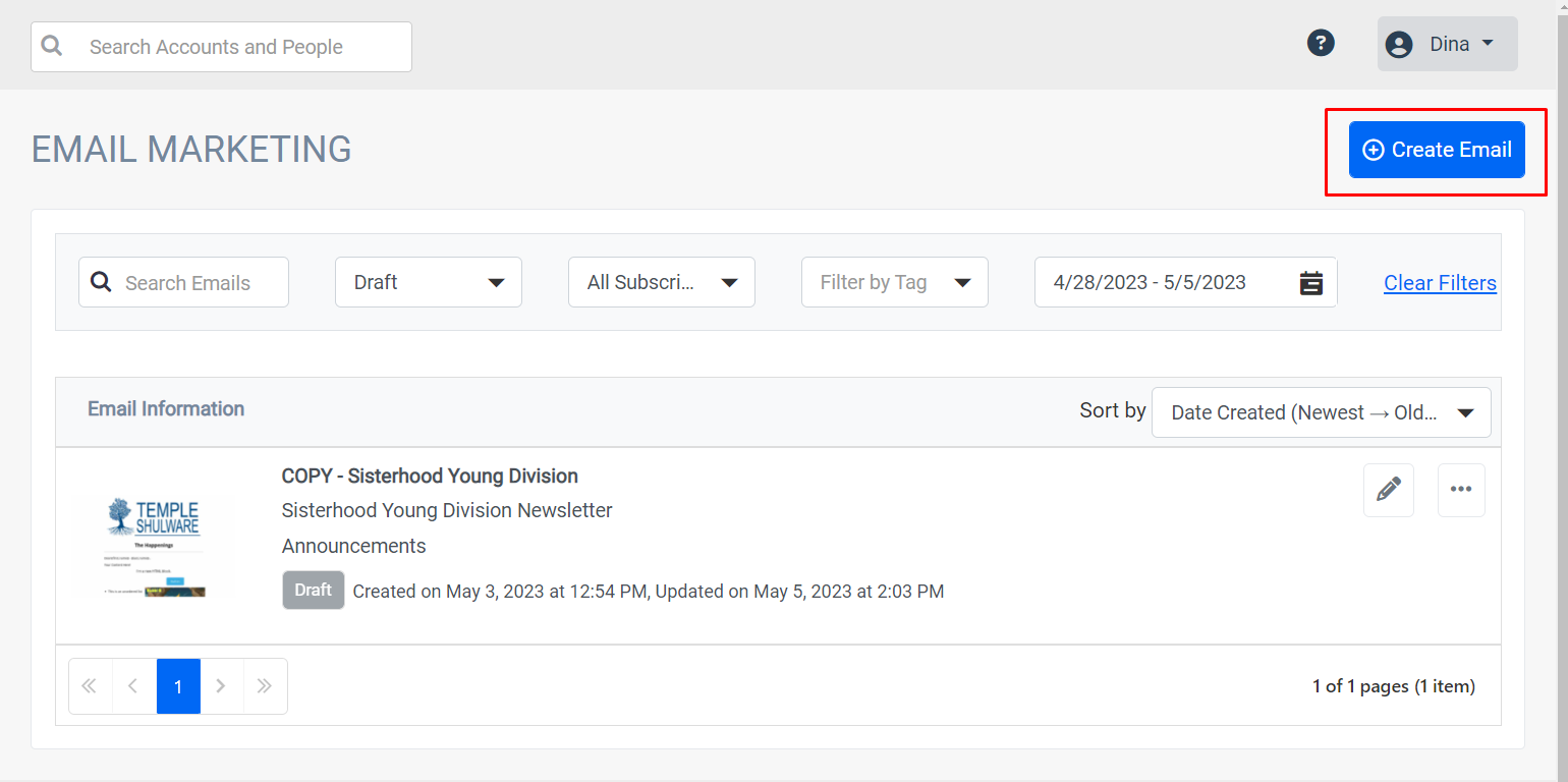 Email marketing dashboard with create button.