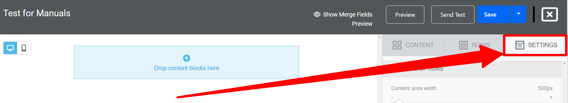 Email editor with settings highlighted.