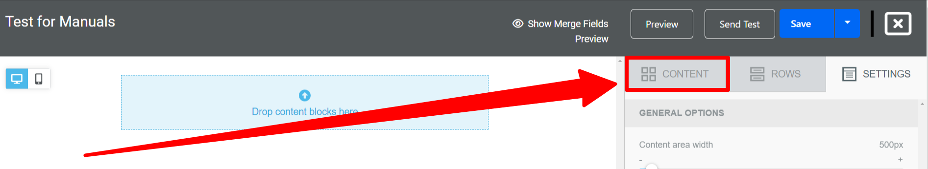 Email editor interface with content tab highlighted.