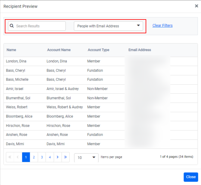 Recipient list with names and account types.