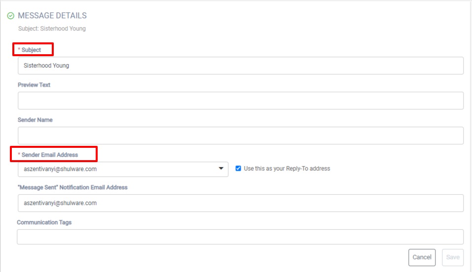 Email message details form.
