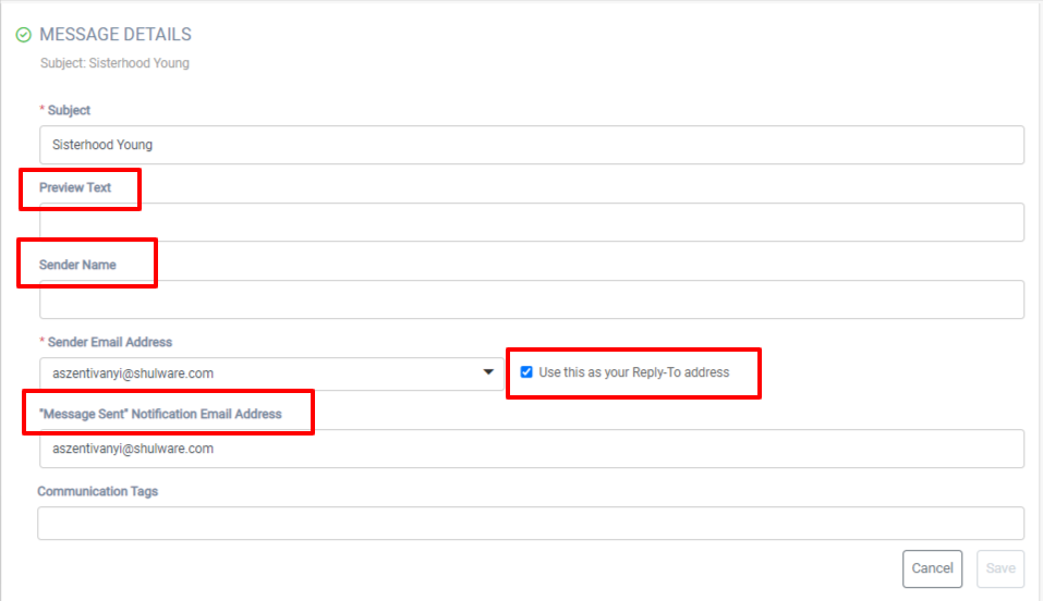 Email message details form.