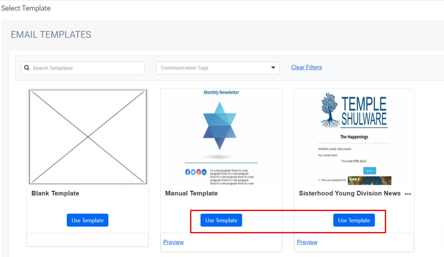 Email template selection screen