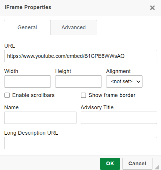 IFrame properties settings window.