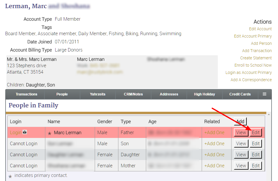 Family account details and actions page.