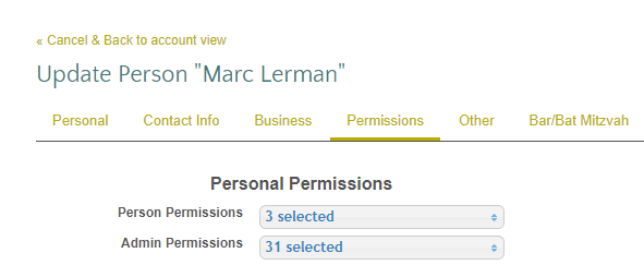 Permissions settings for a user account.