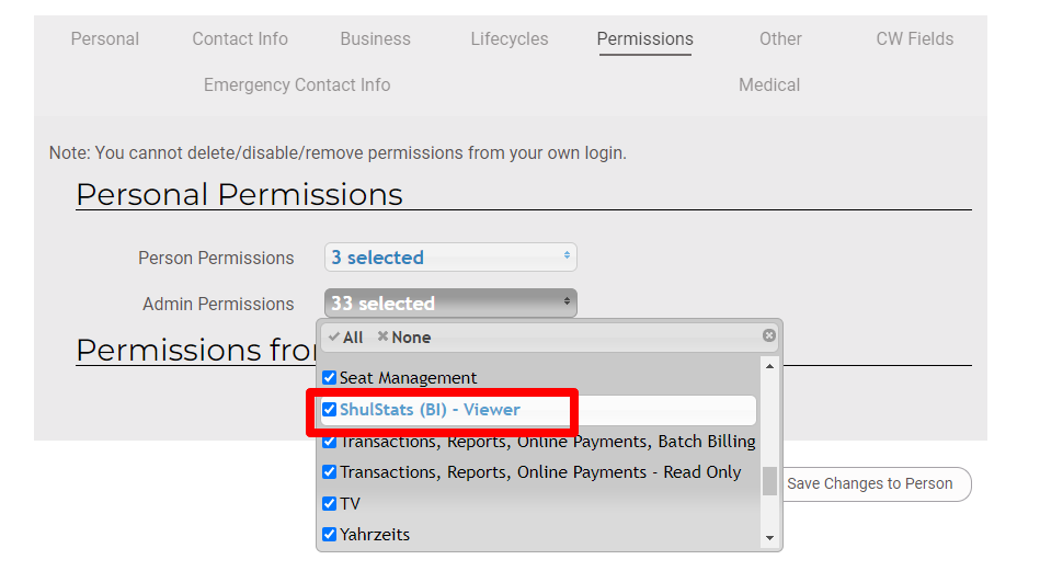 Permissions selection interface screenshot