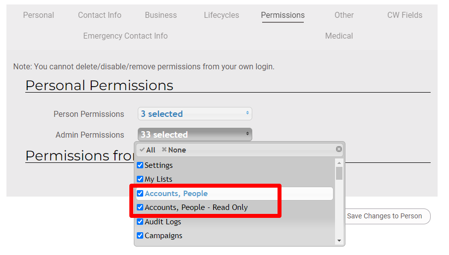 Permissions settings dropdown menu.