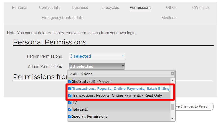 Permissions dropdown menu with options selected.