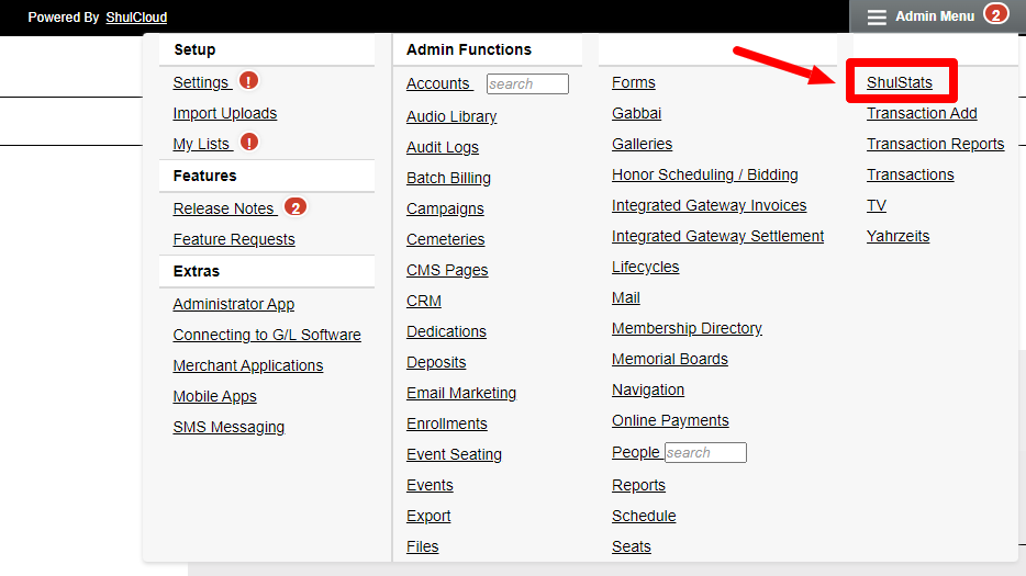 Admin menu with ShulStats highlighted