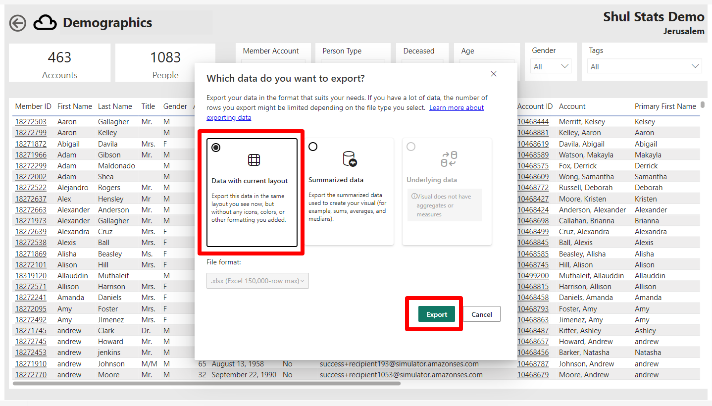 Data export options with highlighted selection.