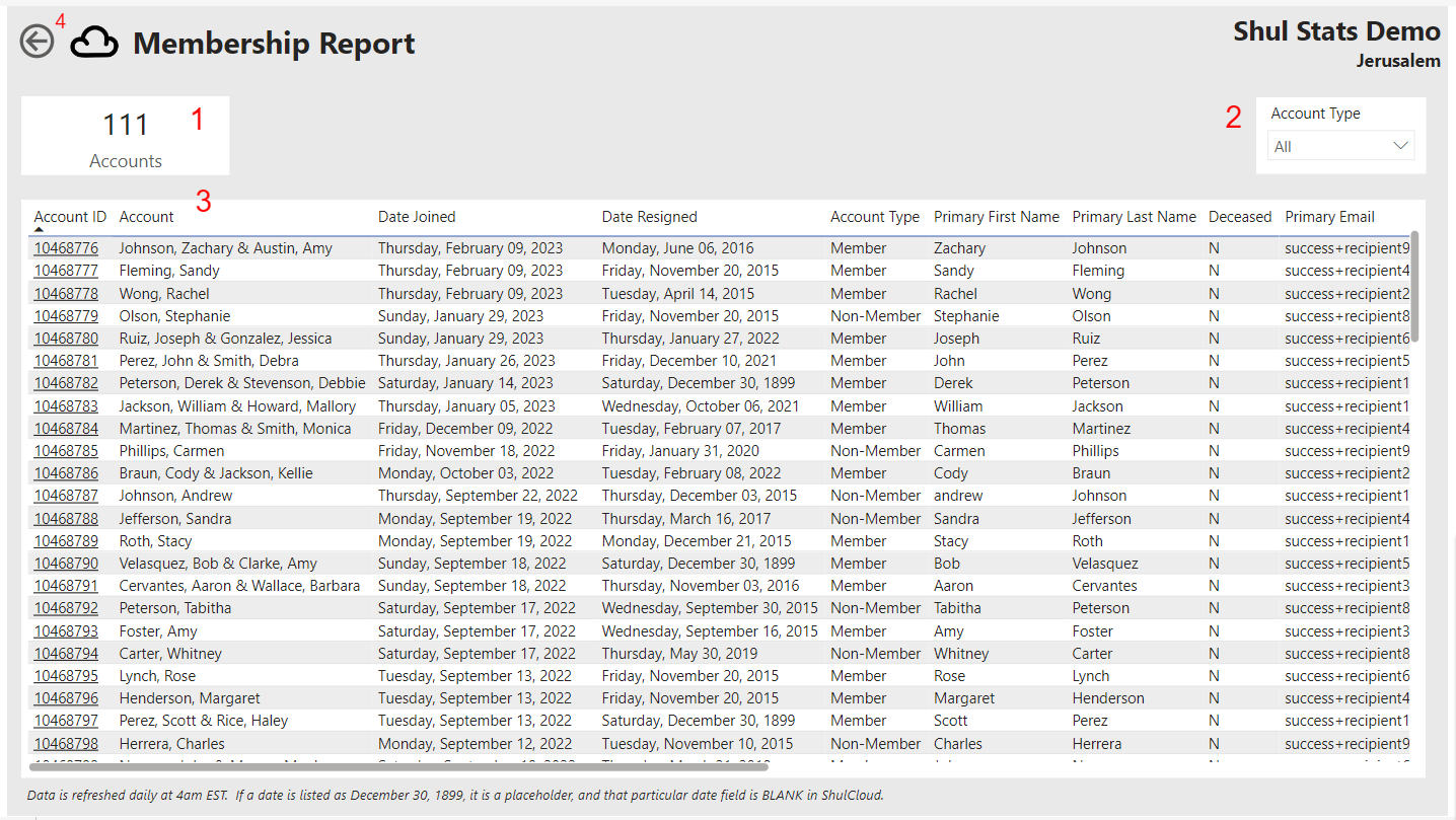 Membership report table with account details.