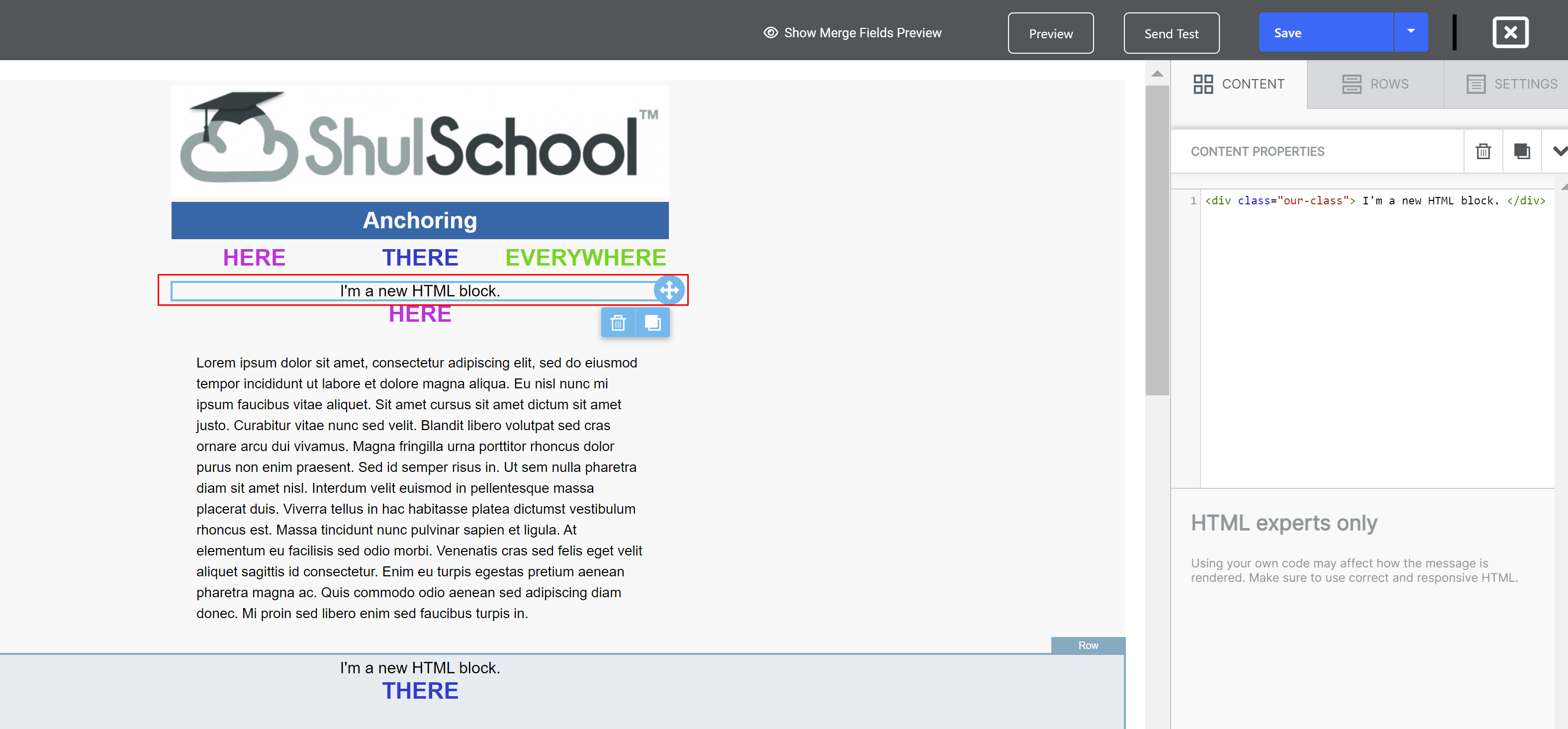 HTML block editor interface