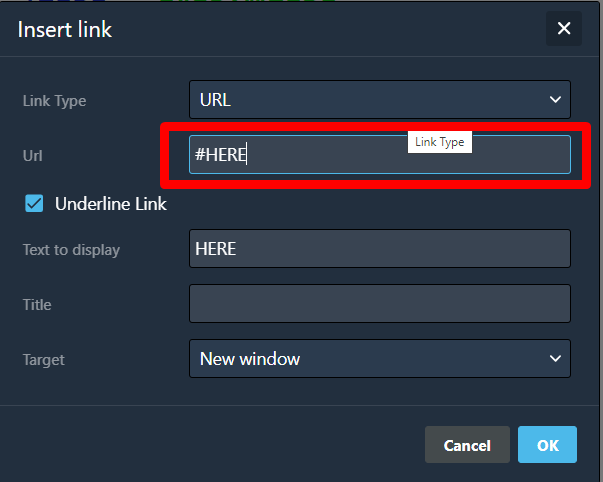 Insert link dialog box with URL field.