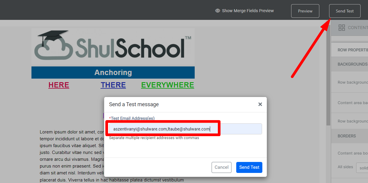 Send Test message window with email input.