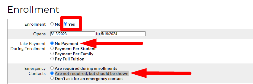 Enrollment settings form with options selected.