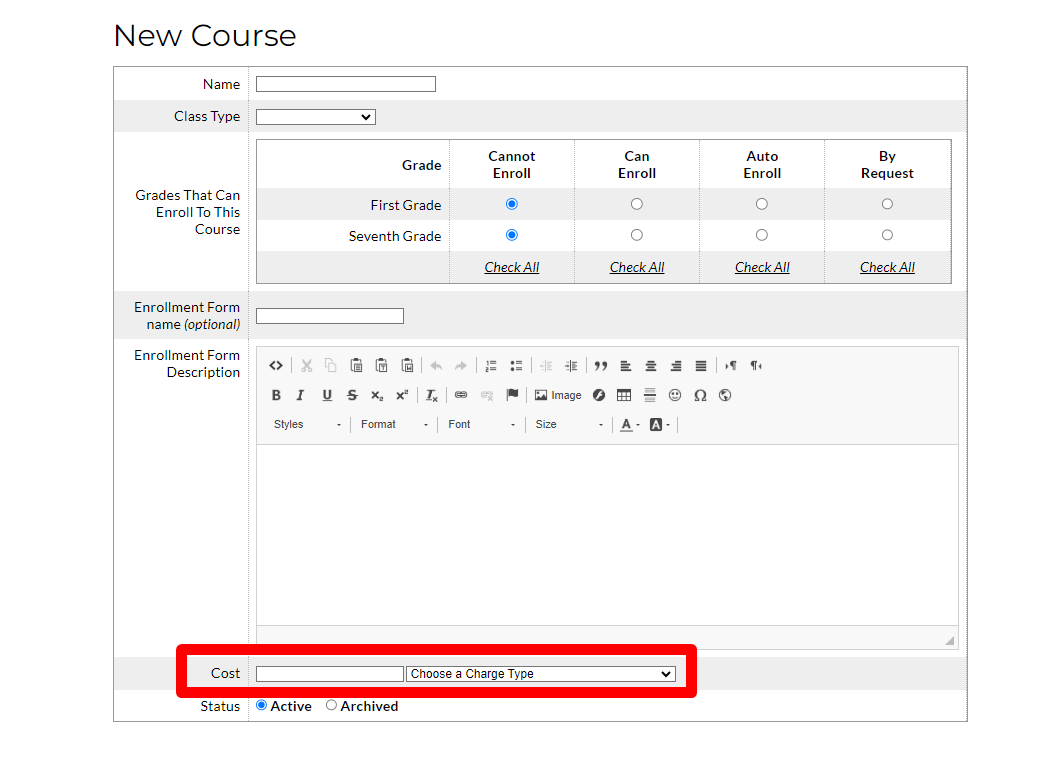 New course enrollment form interface.