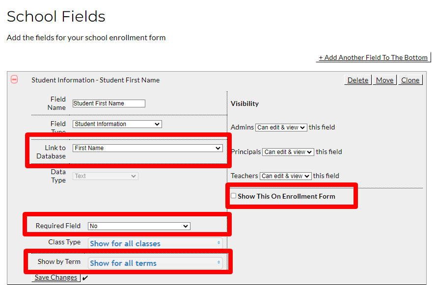 School enrollment form field settings.