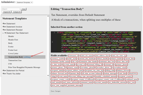 Editing transaction body template screen.