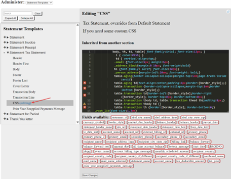 CSS editing interface with code and fields list.