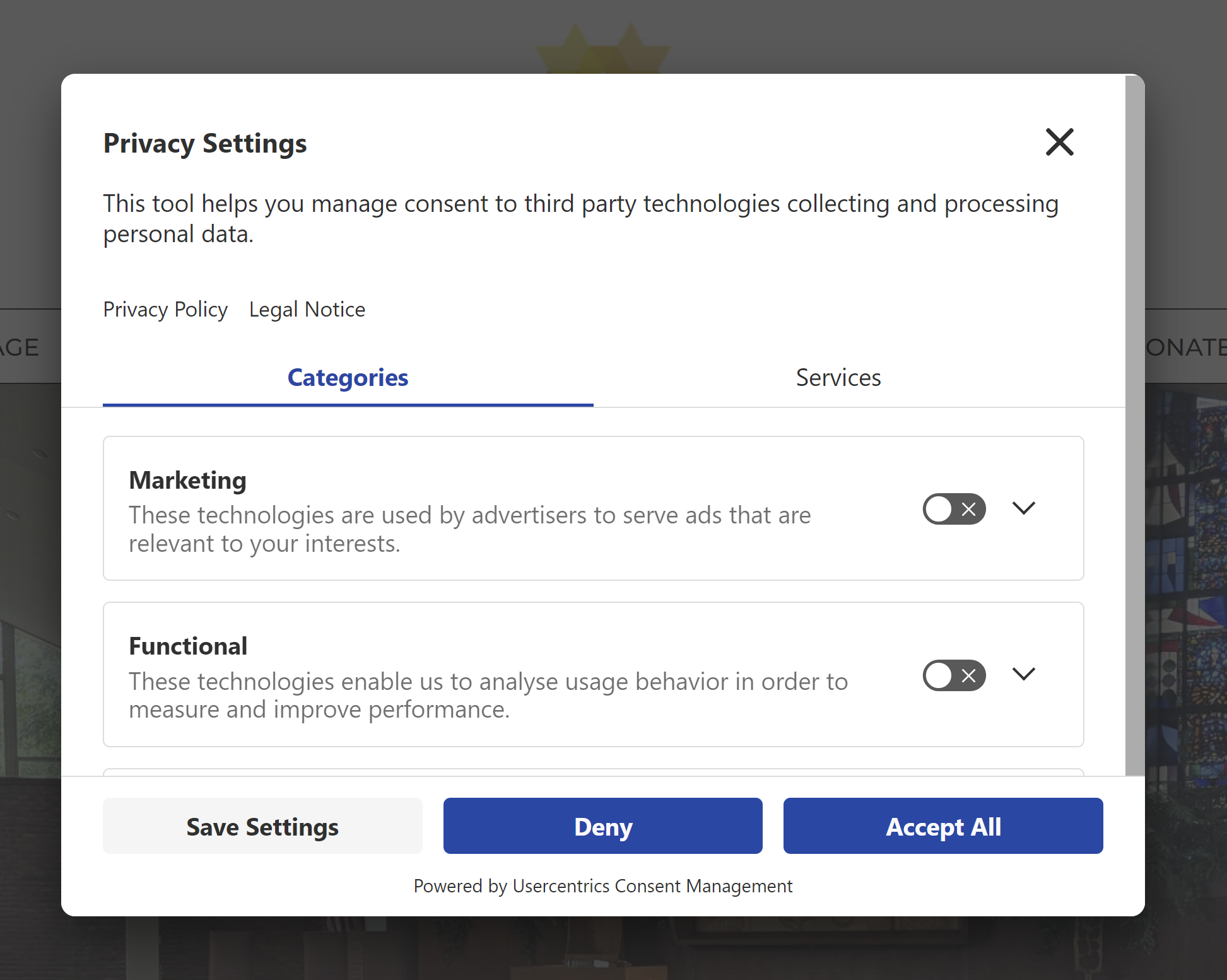 Privacy settings consent management window.