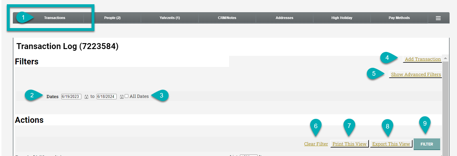 Transaction log interface with filters and actions.
