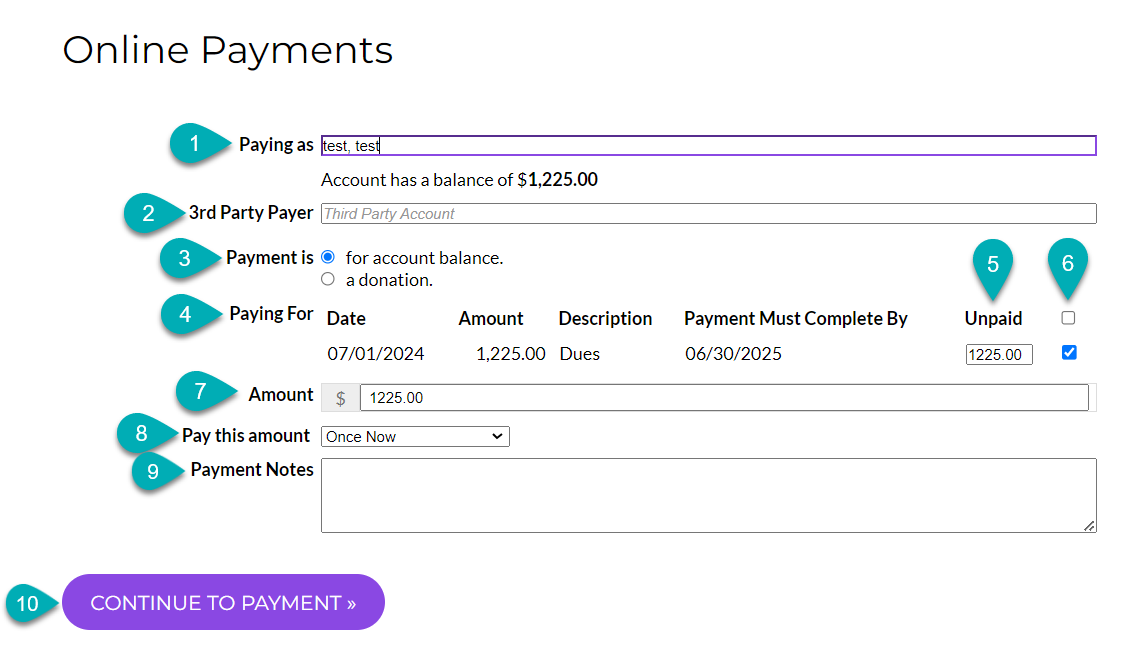 Online payment form with balance details.