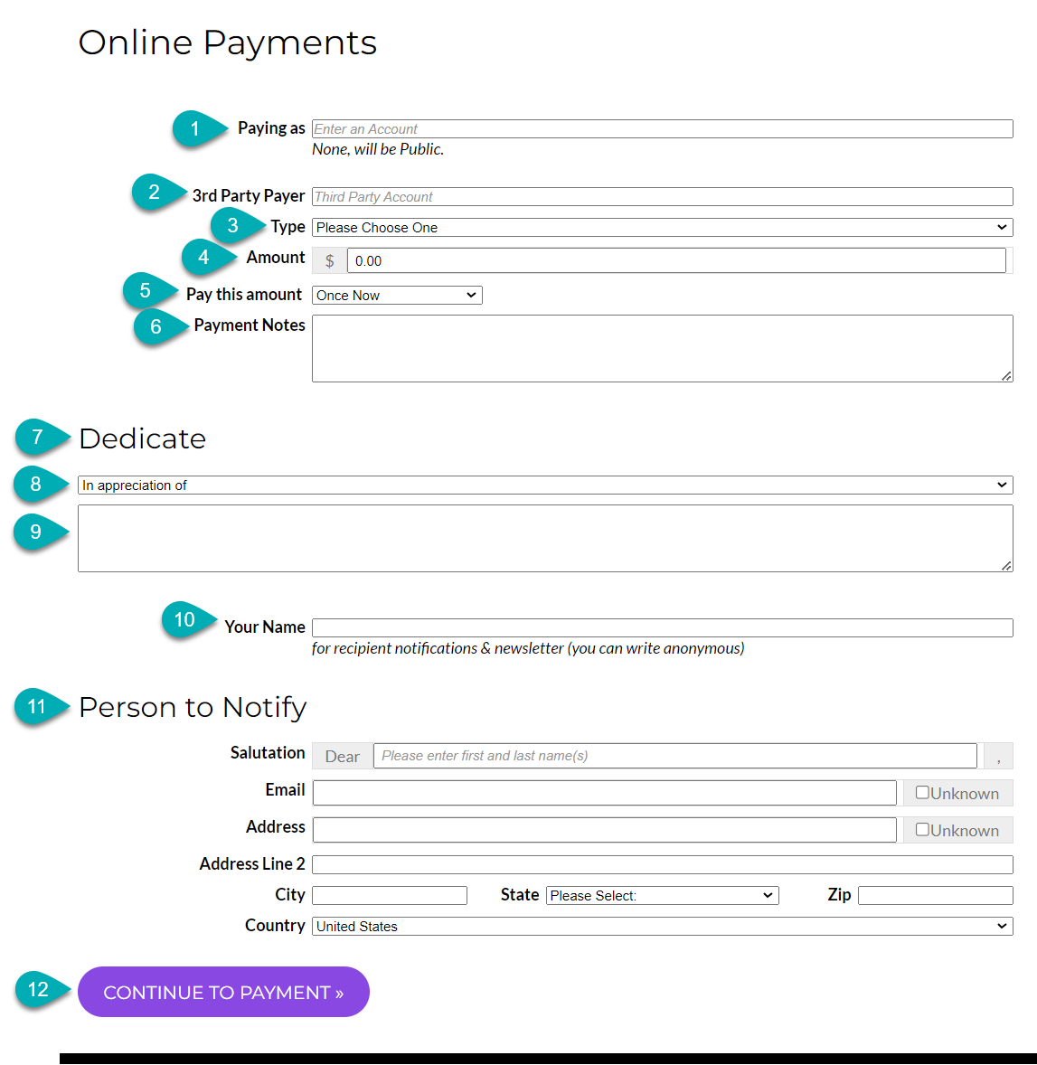 Online payment form with dedication options.