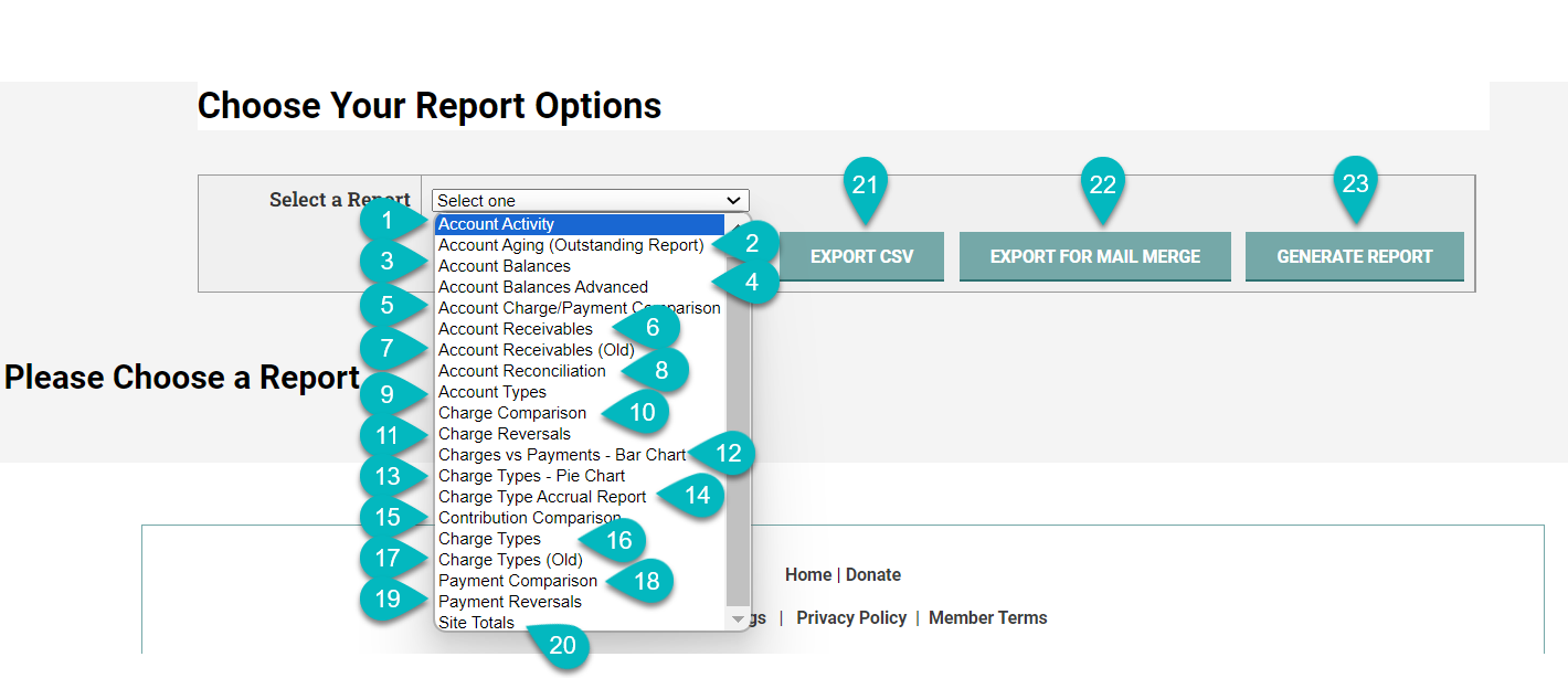 Dropdown menu with report options.