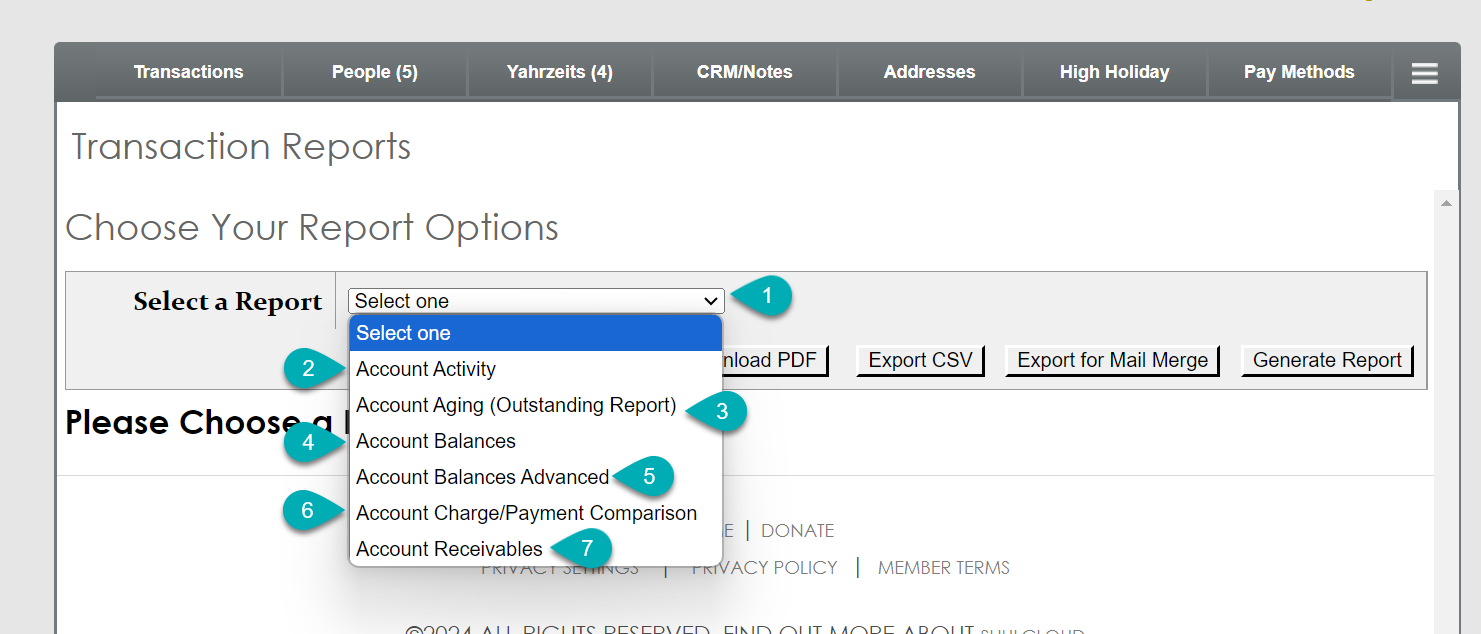 Dropdown menu for selecting report type.