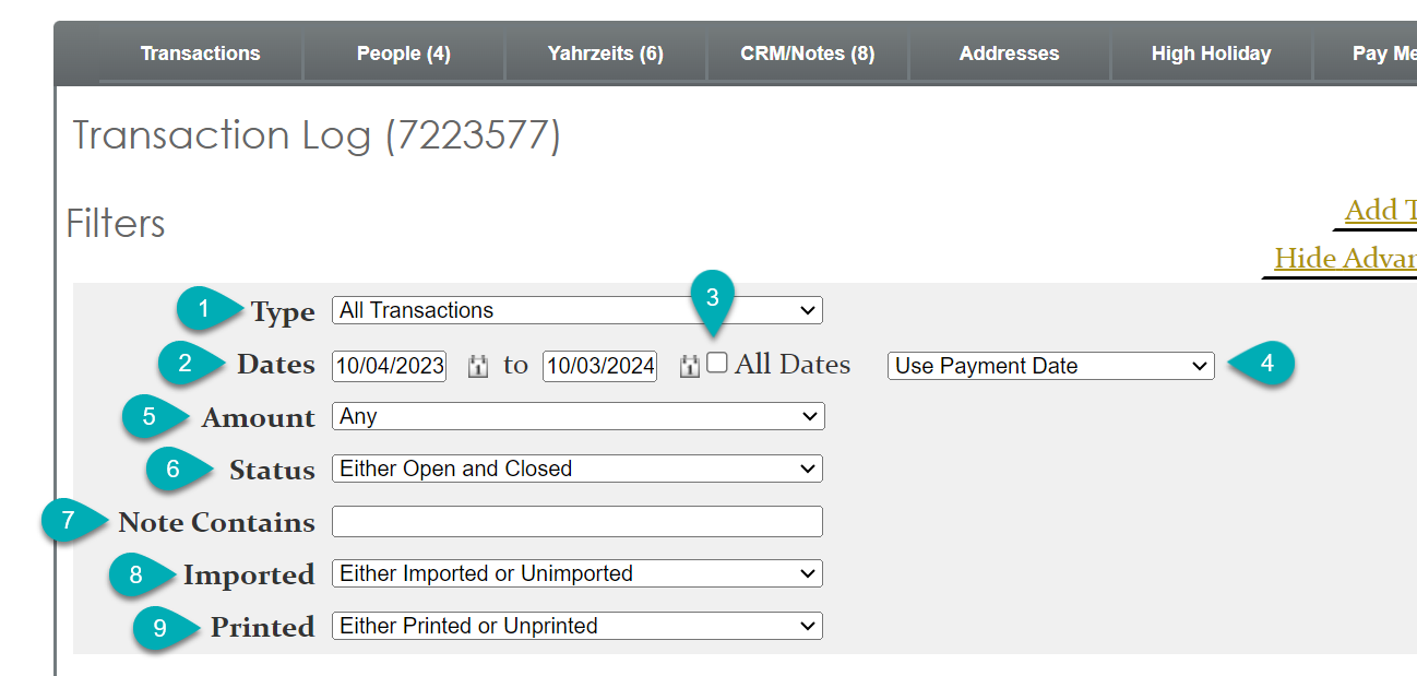 Transaction log filter options interface.