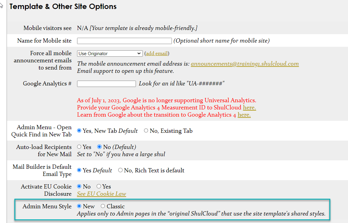 Template and site options settings page