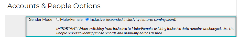 Gender mode options: Male/Female, Inclusive
