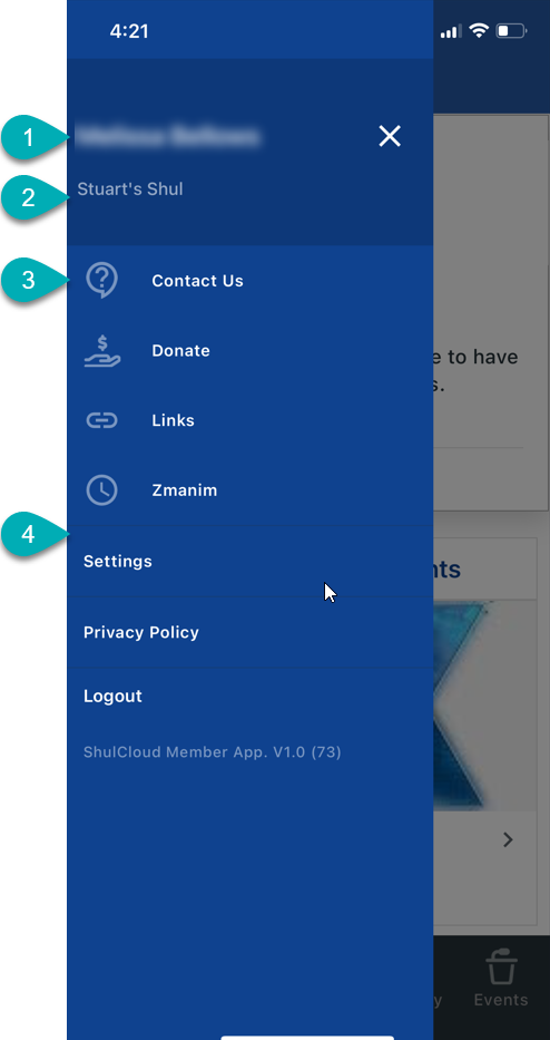 Mobile app menu with various options.