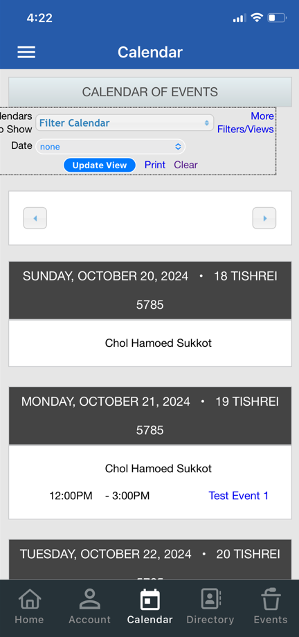 Calendar of events with dates and holidays.