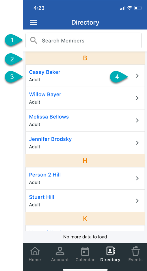 Mobile app directory screen with member list.