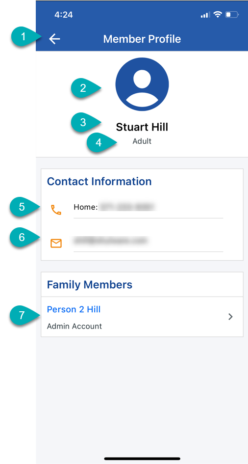 Profile page with contact information.