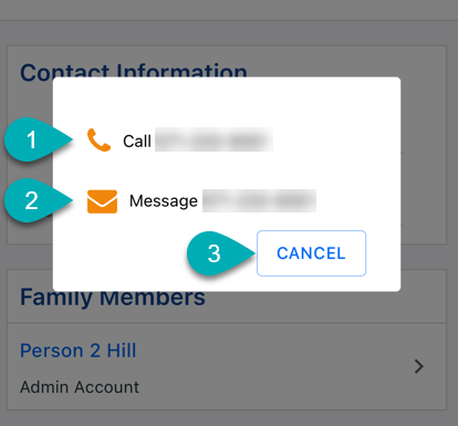 Contact options: call, message, cancel.