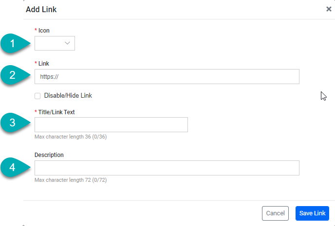 Add Link" form with fields and buttons.